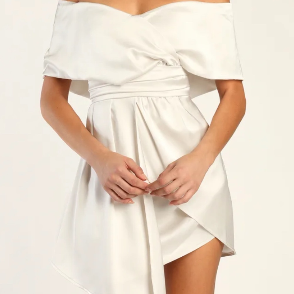 NWT! Lulu's Always Celebrating Ivory Satin Off-the-Shoulder Mini Dress